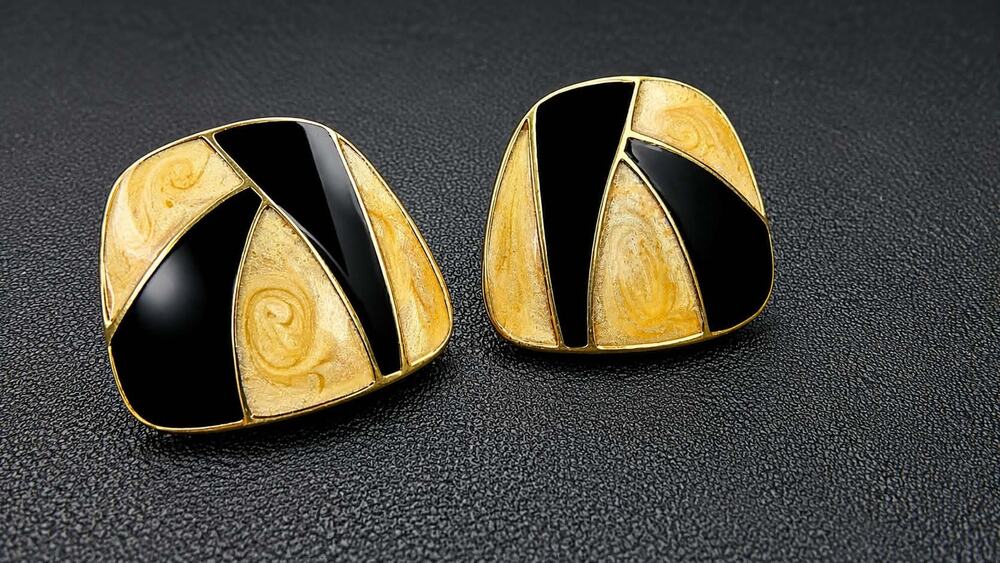Vintage Monet black and gold tone geometric statement earrings